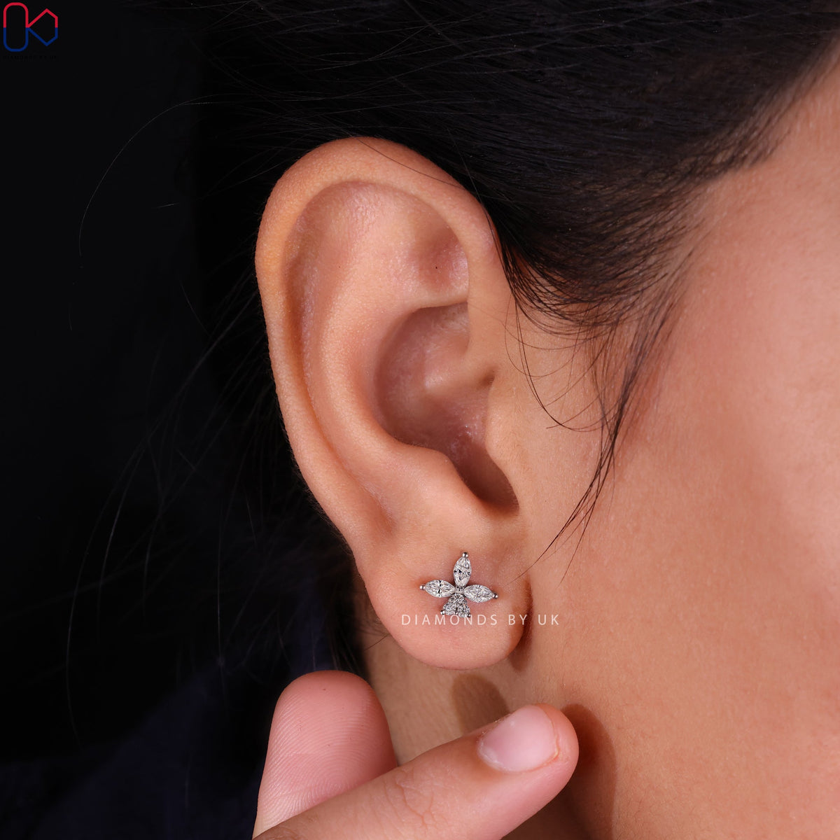 Floral Stud Earrings - Marquise and Round Diamond