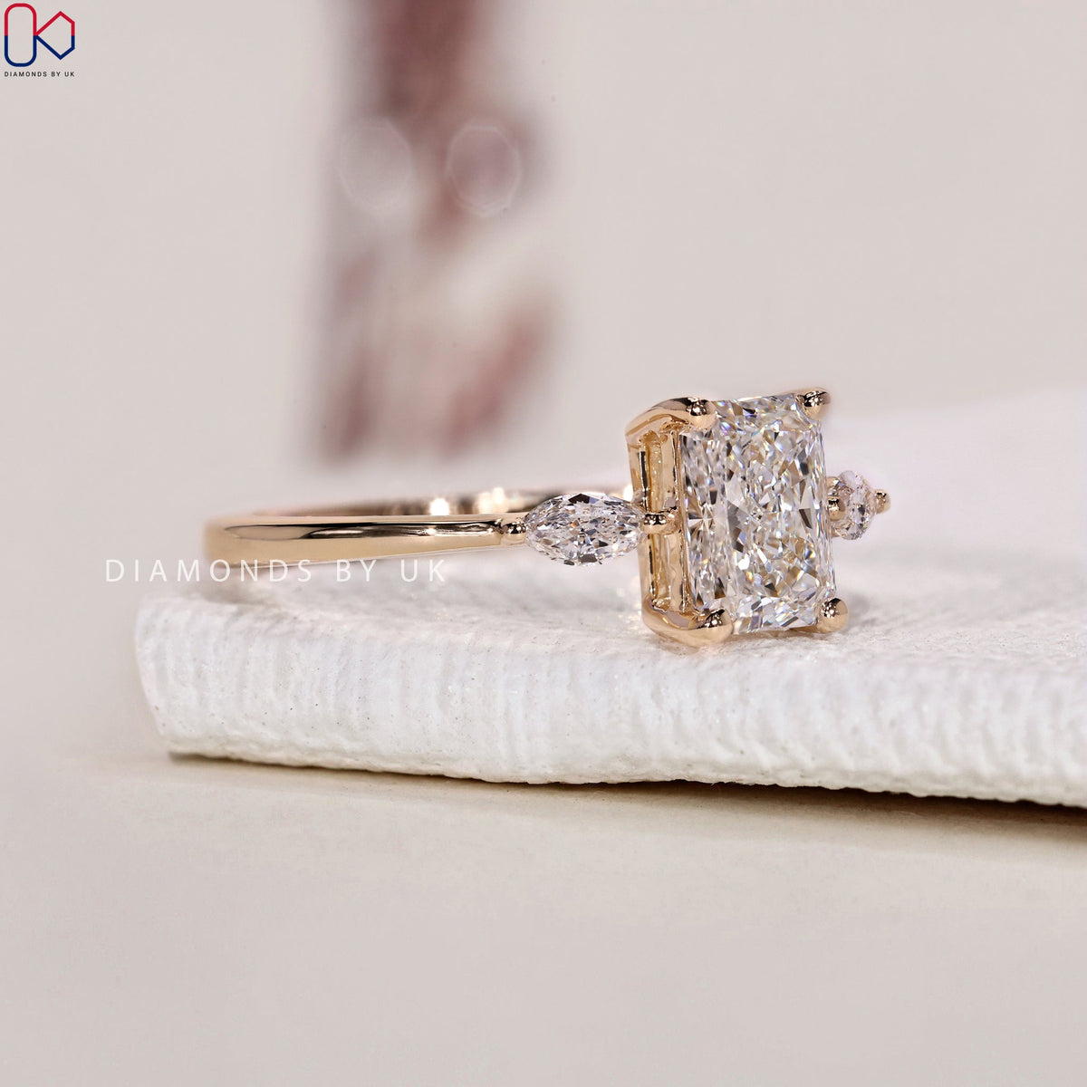 3 Stone Engagement Ring - Radiant and Marquise Diamond