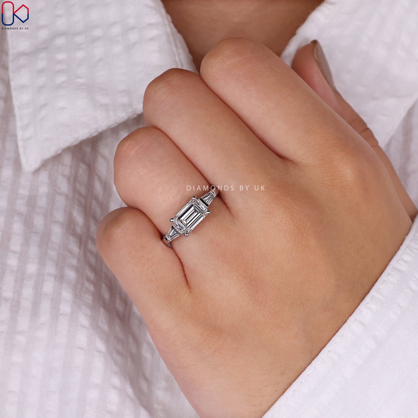 East West Emerald Cut Diamond Engagement Ring