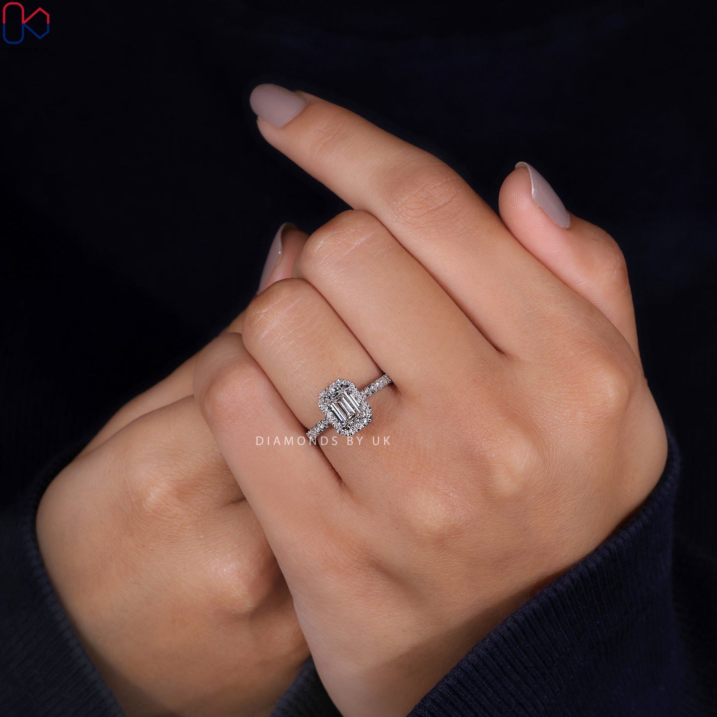 Emerald Cut Diamond Ring With Pave Band
