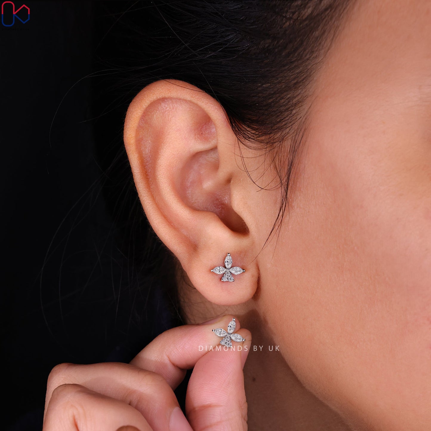 Floral Stud Earrings - Marquise and Round Diamond