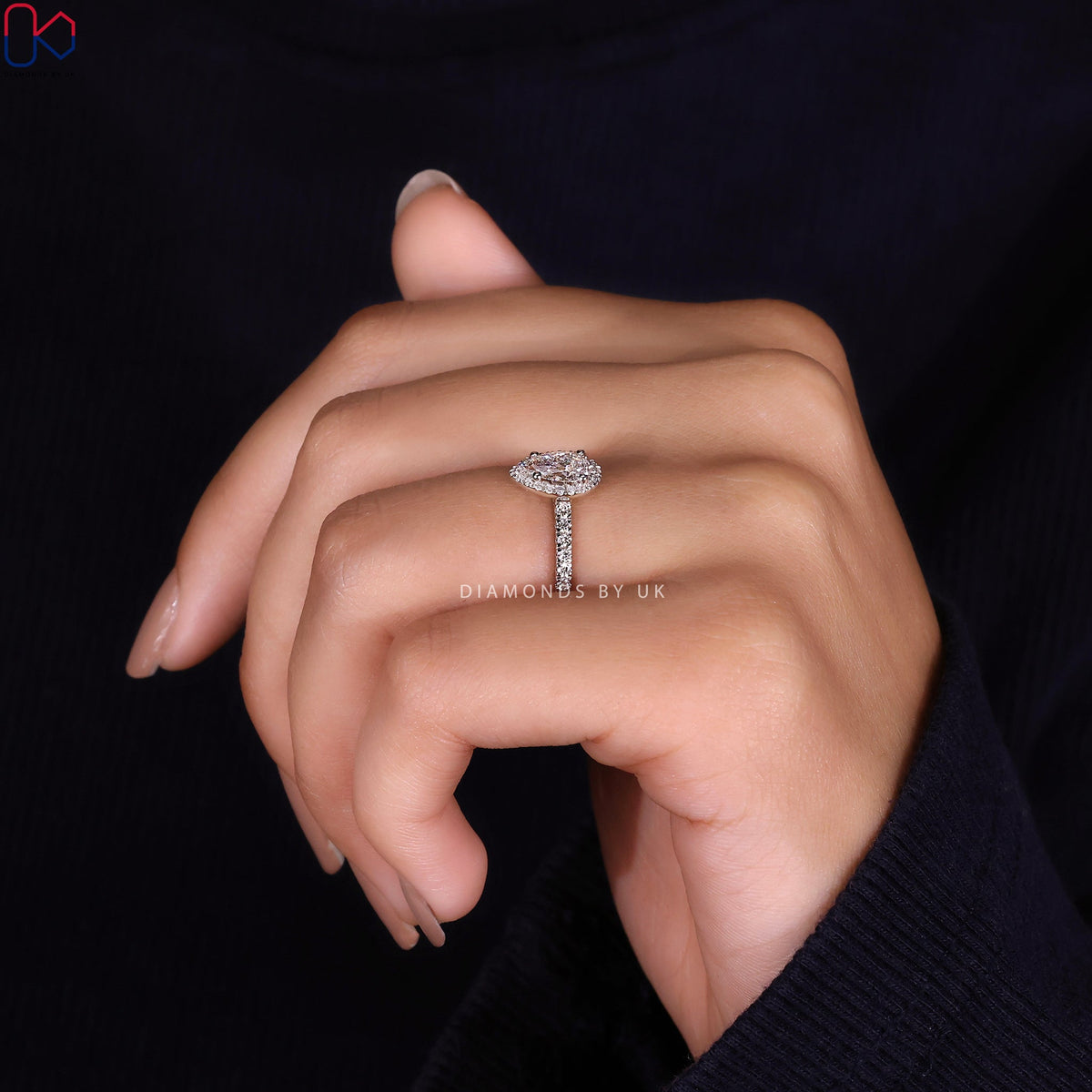Pear Halo Engagement Ring - Pave Style