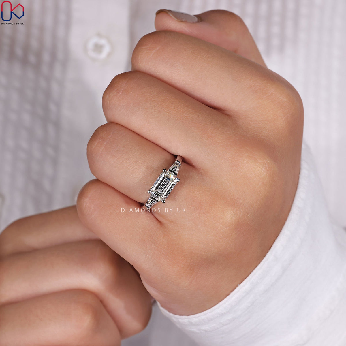 East West Emerald Cut Diamond Engagement Ring