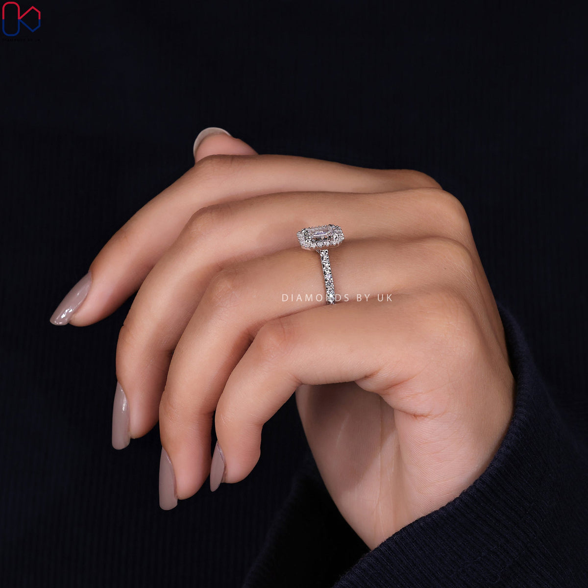 Emerald Cut Diamond Ring With Pave Band