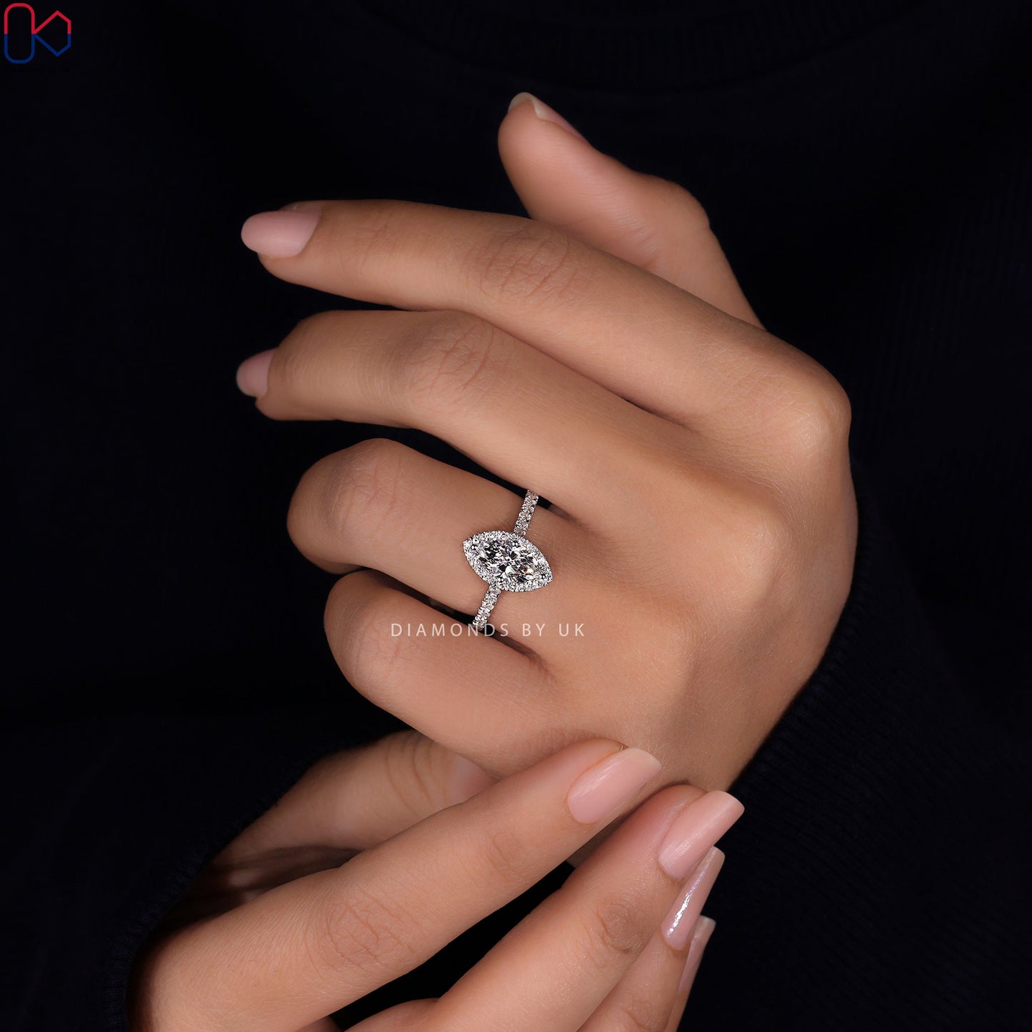 Marquise Diamond Engagement Ring With Pave Band