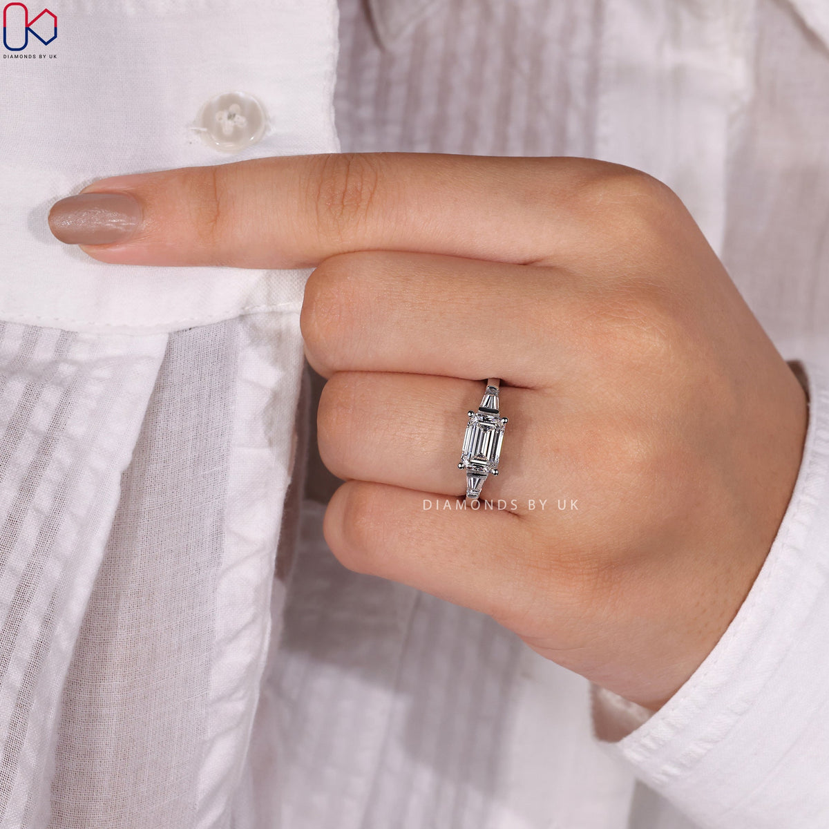 East West Emerald Cut Diamond Engagement Ring