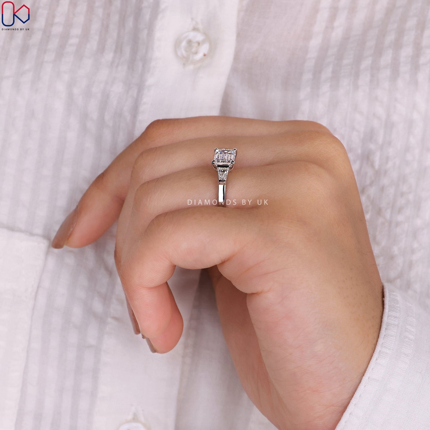 East West Emerald Cut Diamond Engagement Ring