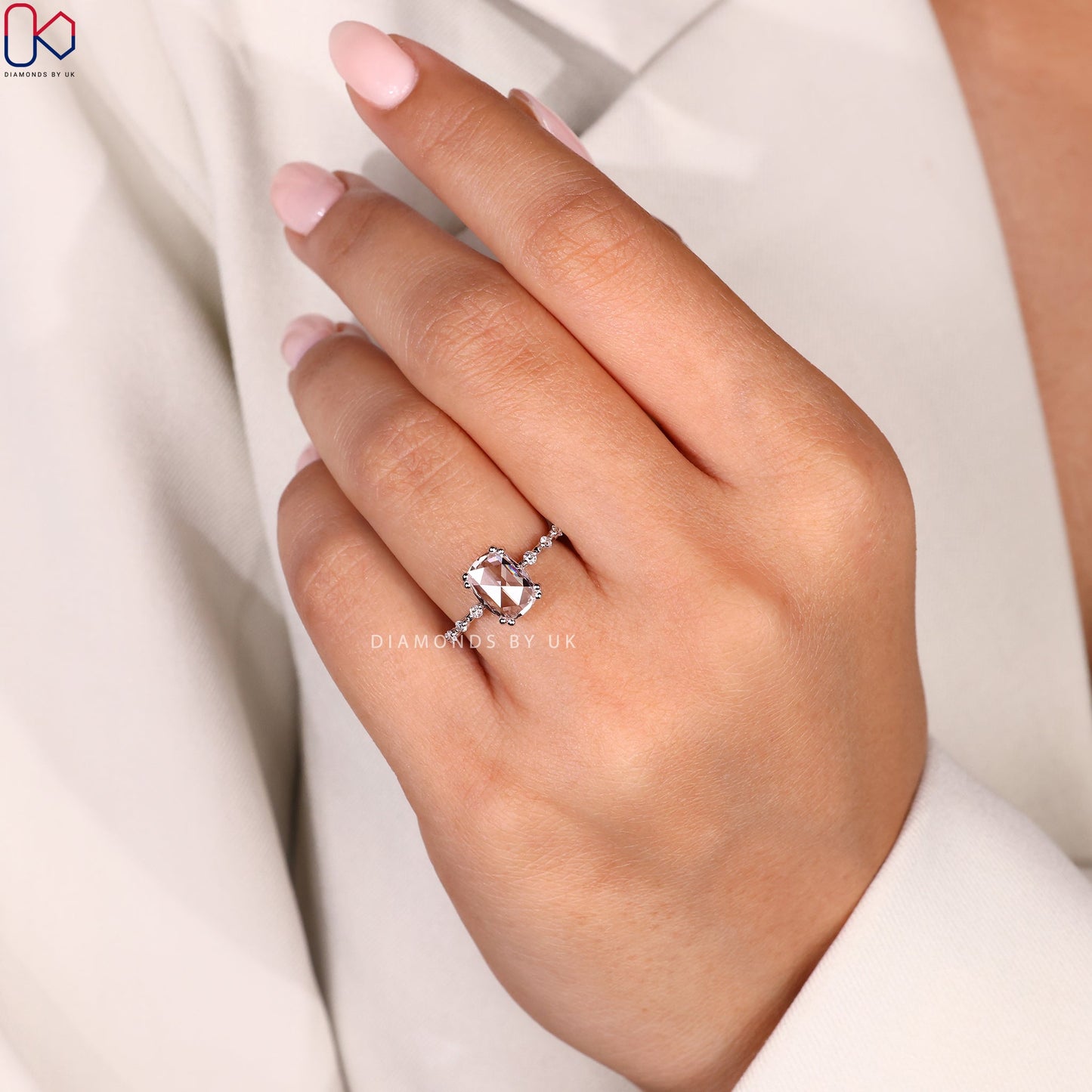 Cushion Rose Cut Diamond Engagement Ring with Distance Pave