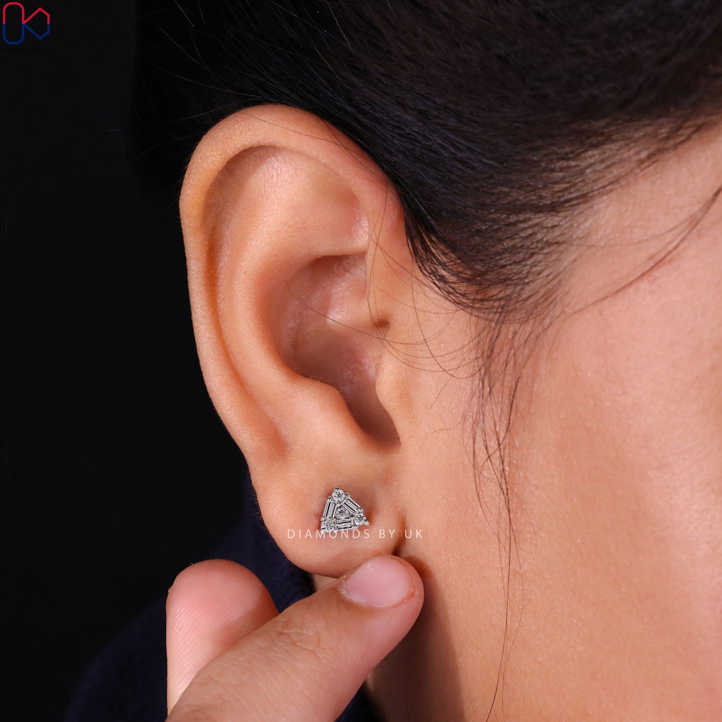 White Gold Stud Earrings - Baguette and Round Diamond