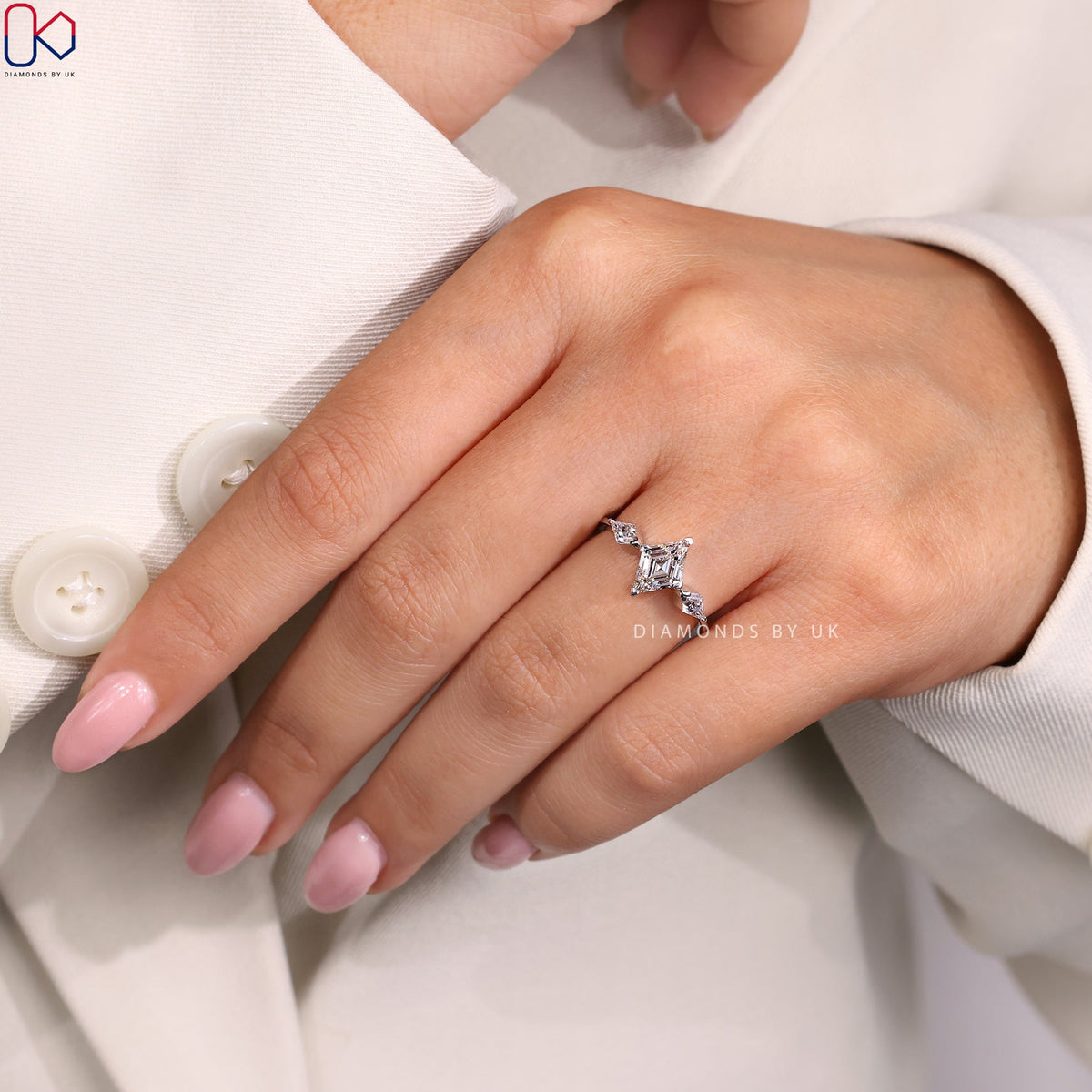 Lozenge Cut Diamond Ring With Kite Side Stones