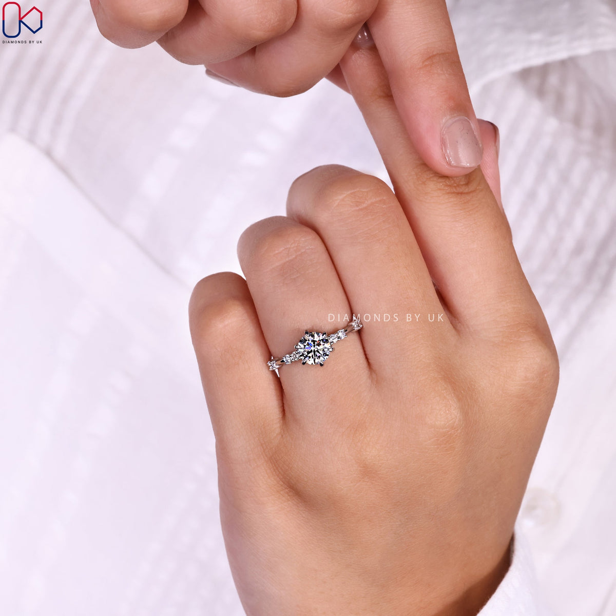 Round Diamond Engagement Ring With Distance Pave Band