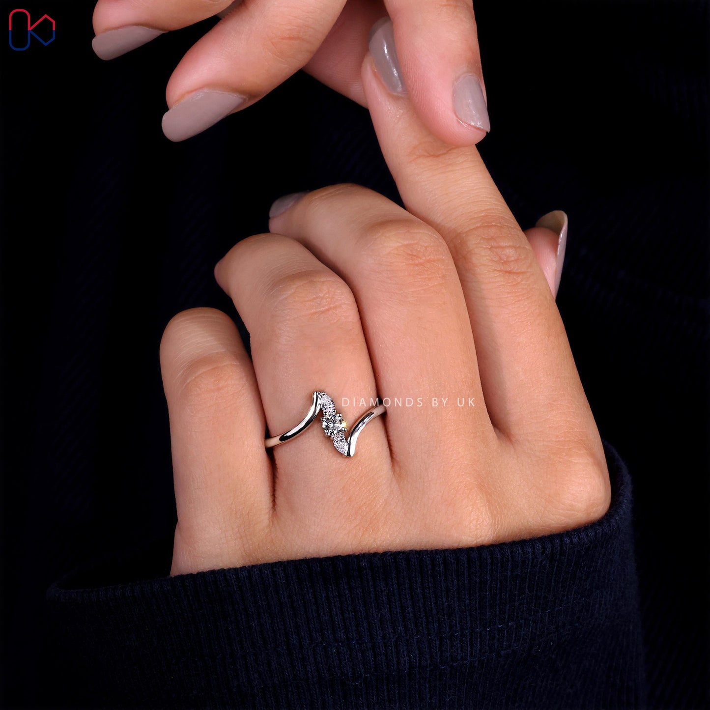 Round and Pear 3 Stone Diamond Ring