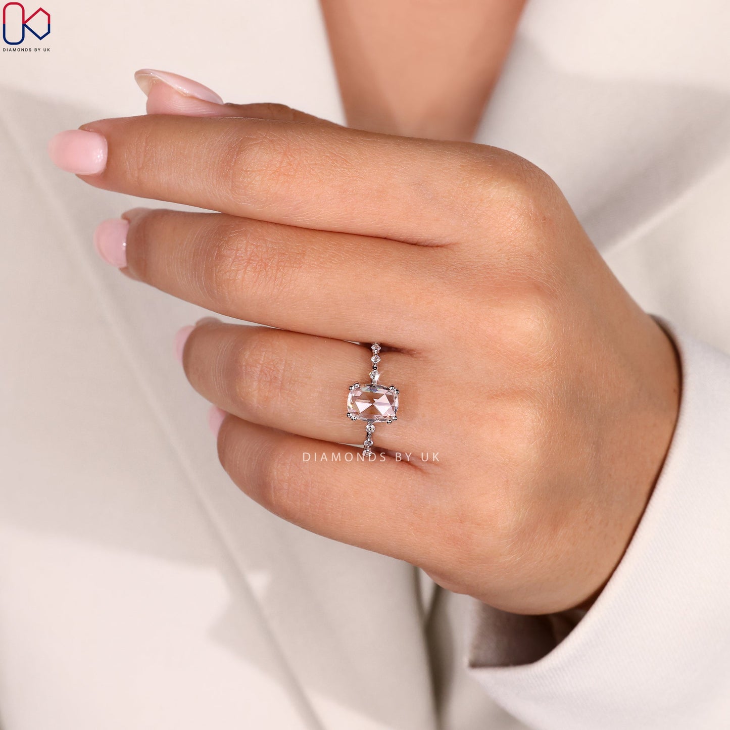 Cushion Rose Cut Diamond Engagement Ring with Distance Pave