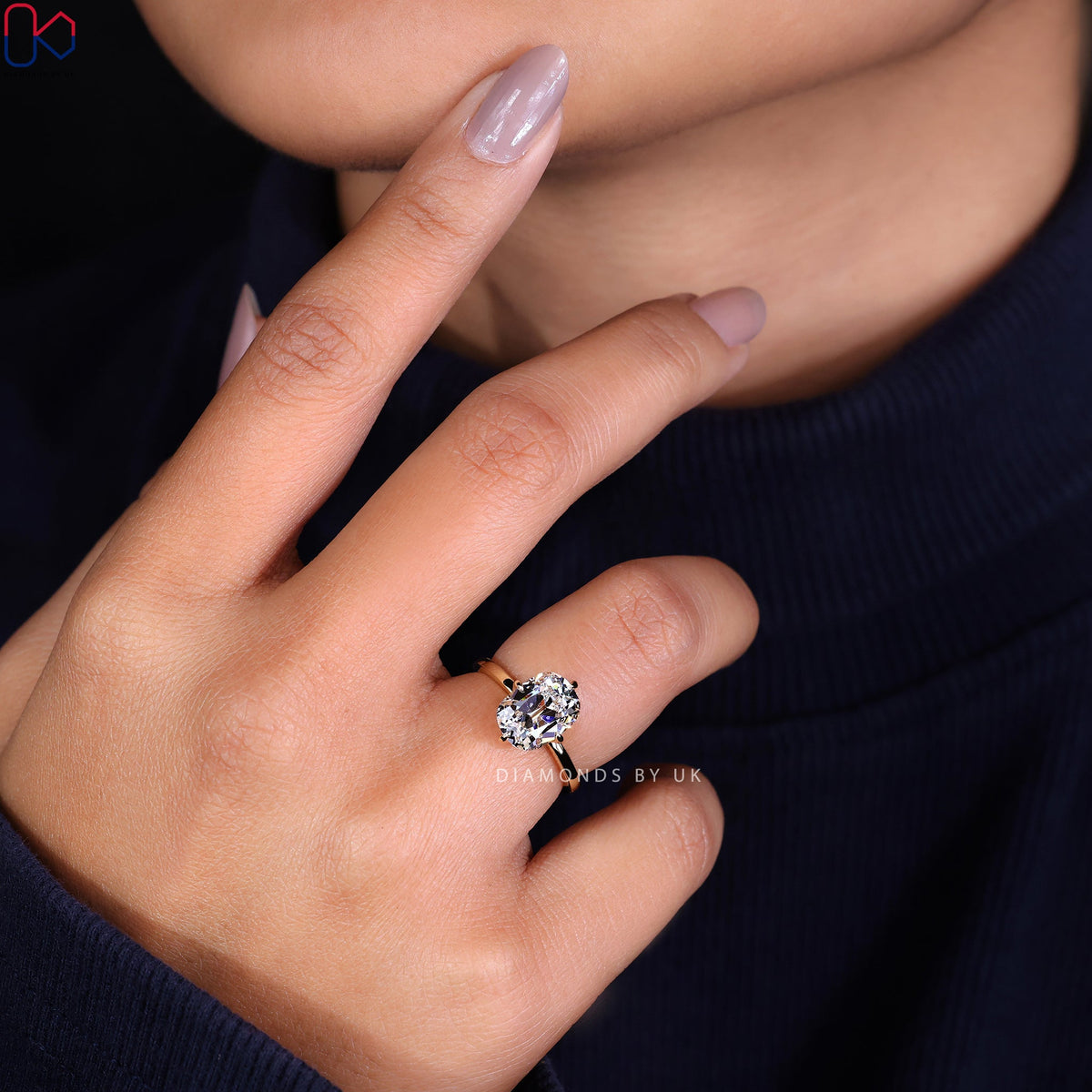 Old Mine Cut Elongated Cushion Cut Diamond Ring