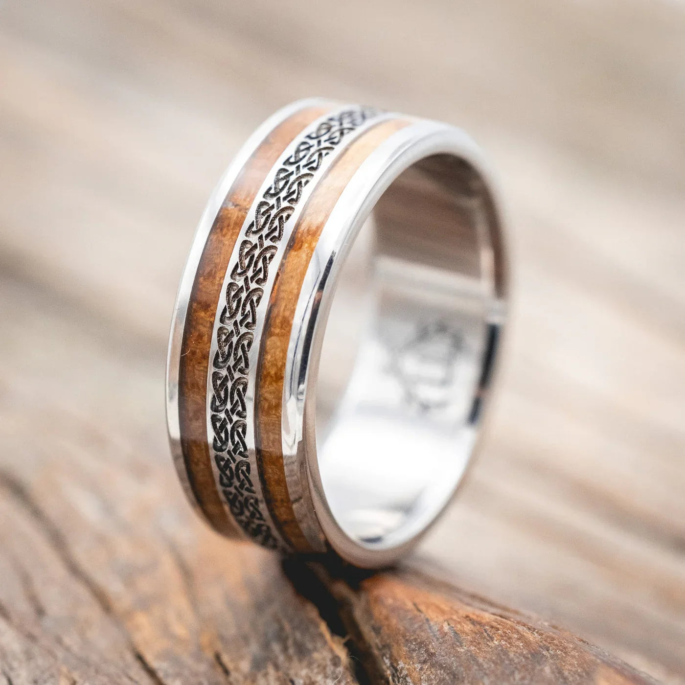 "Ryder" - Celtic Love Knot Engraved Whiskey Barrel Oak Wedding Ring - Titanium (8mm) - Size 10