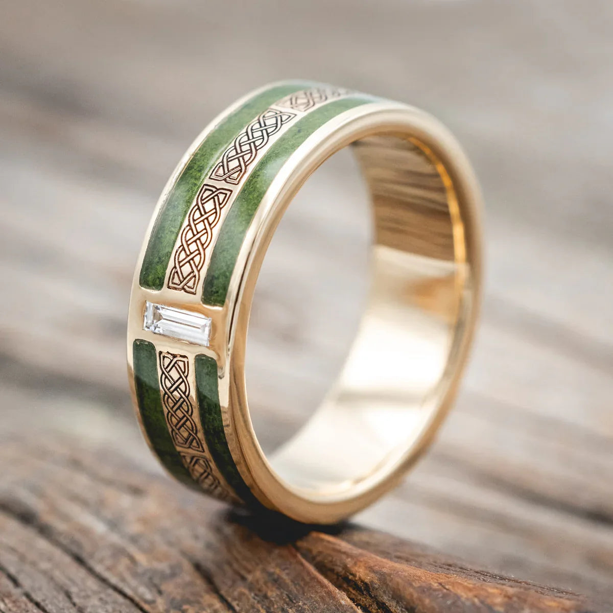 "Ryder" - Celtic Sailor's Knot Engraved Wedding Ring With Lab-Grown Diamond Accent & Moss Inlays - 14K Yellow Gold (8mm) - Size 13