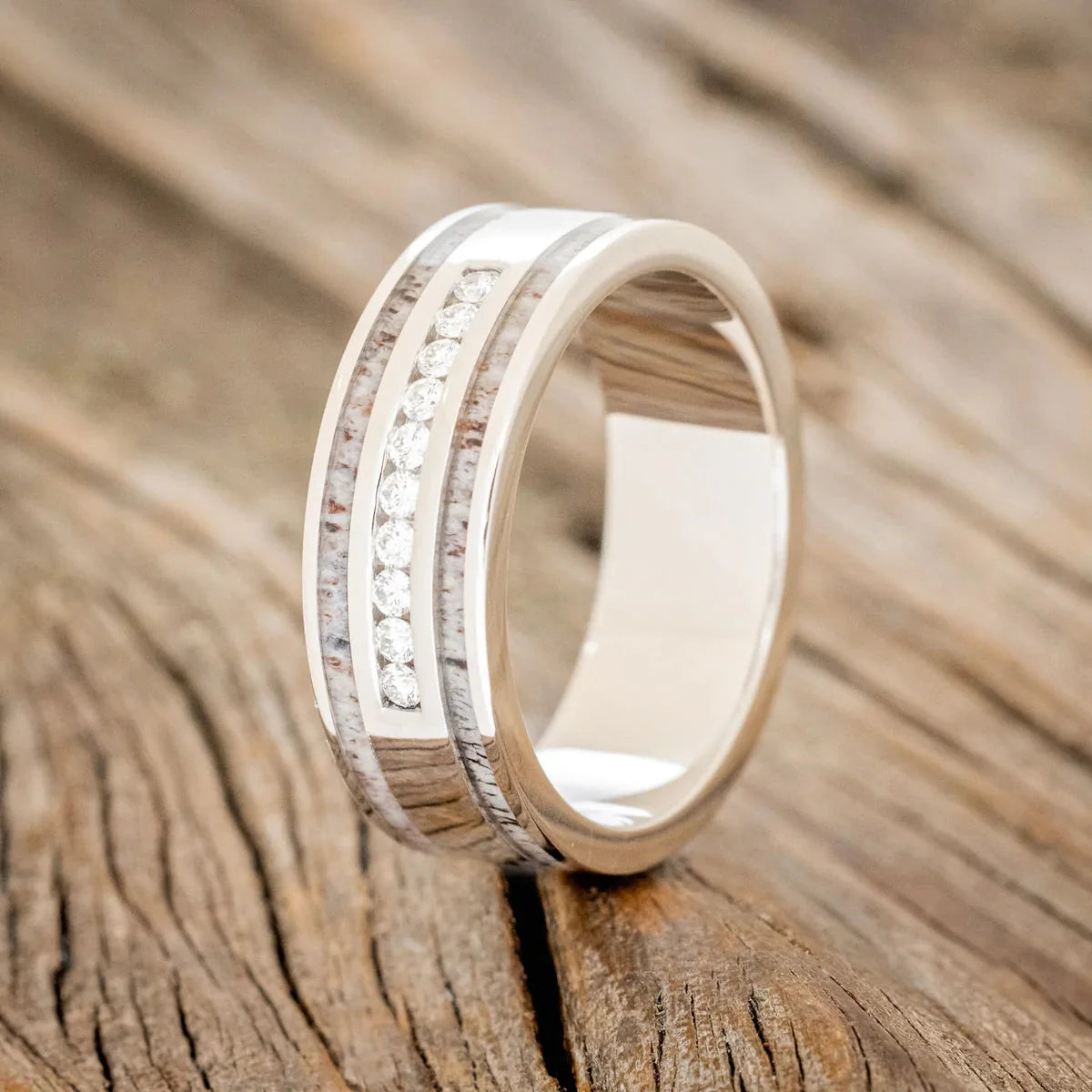 "Ryder" - Diamonds & Antler Inlays Wedding Band - 14K White Gold - Size 9 1/4