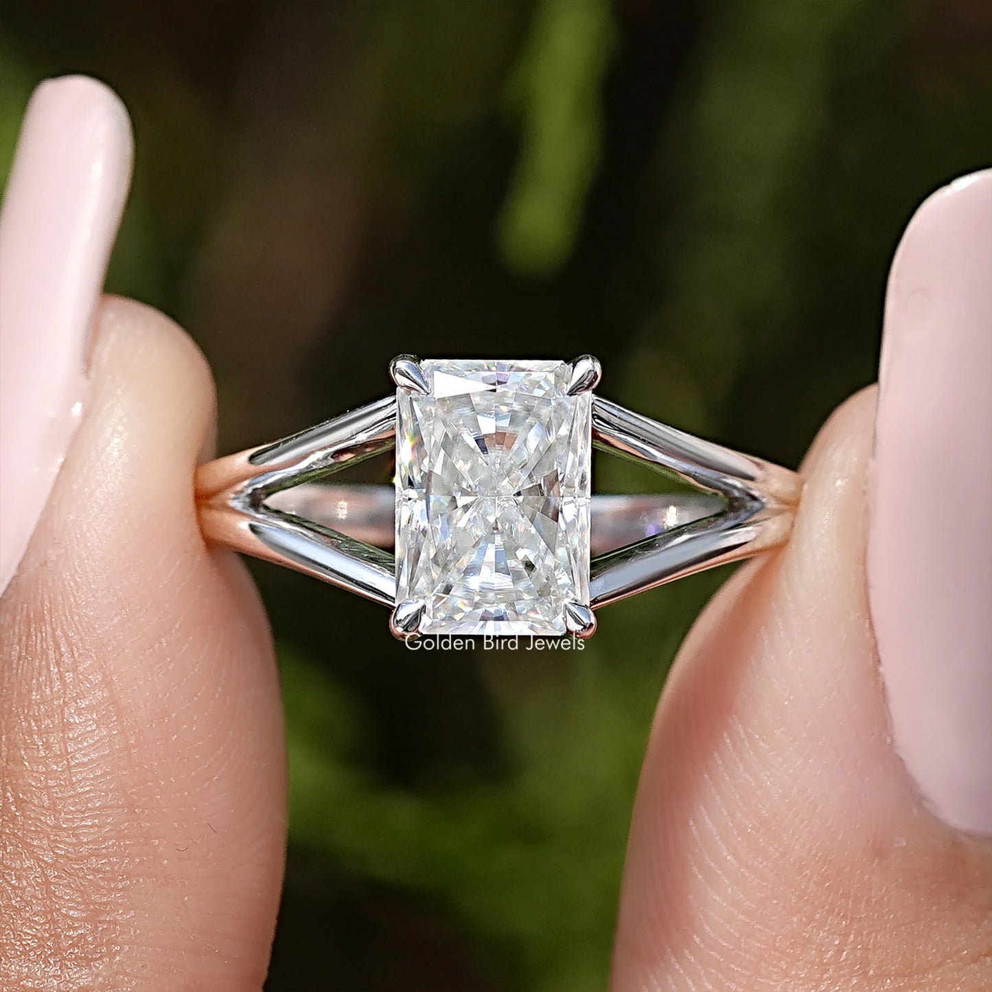 Radiant Cut Moissanite Split Shank Engagement Ring