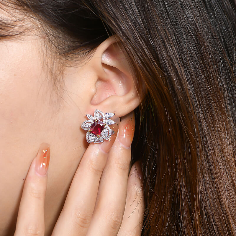 Radiant Cut Ruby Flower Accents Stud Earrings In Sterling Silver