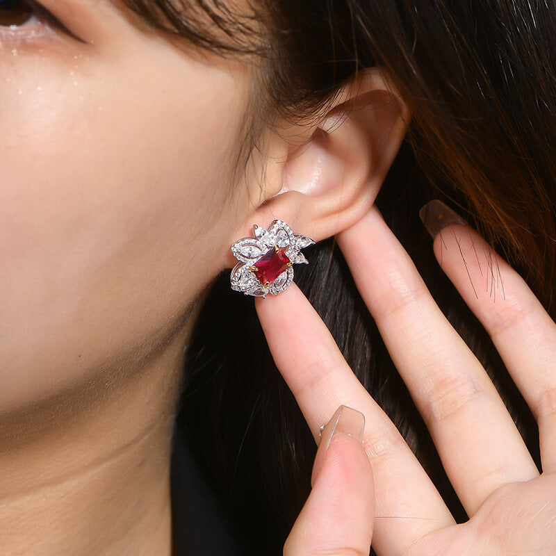 Radiant Cut Ruby Flower Accents Stud Earrings In Sterling Silver