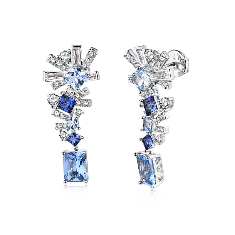 Radiant Cut Sapphire Geometric Drop Earrings In Sterling Silver