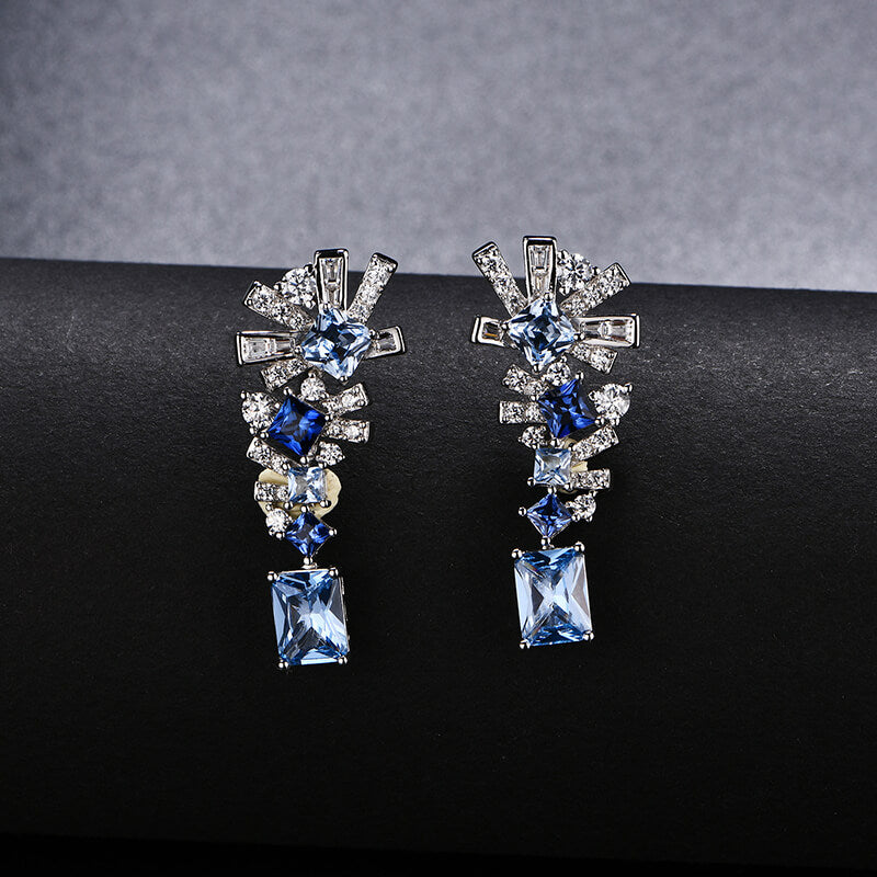 Radiant Cut Sapphire Geometric Drop Earrings In Sterling Silver
