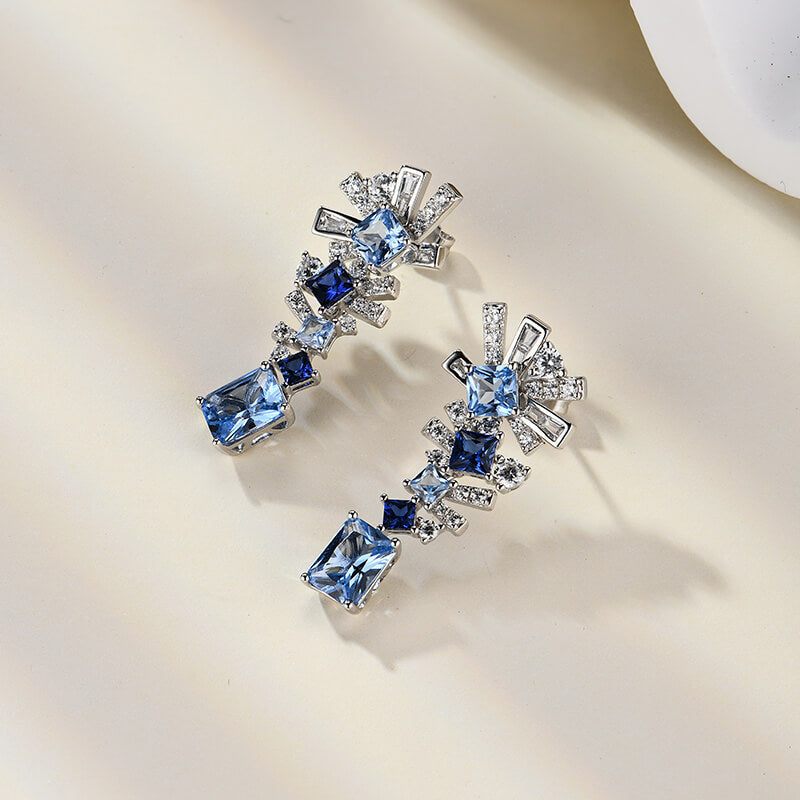Radiant Cut Sapphire Geometric Drop Earrings In Sterling Silver
