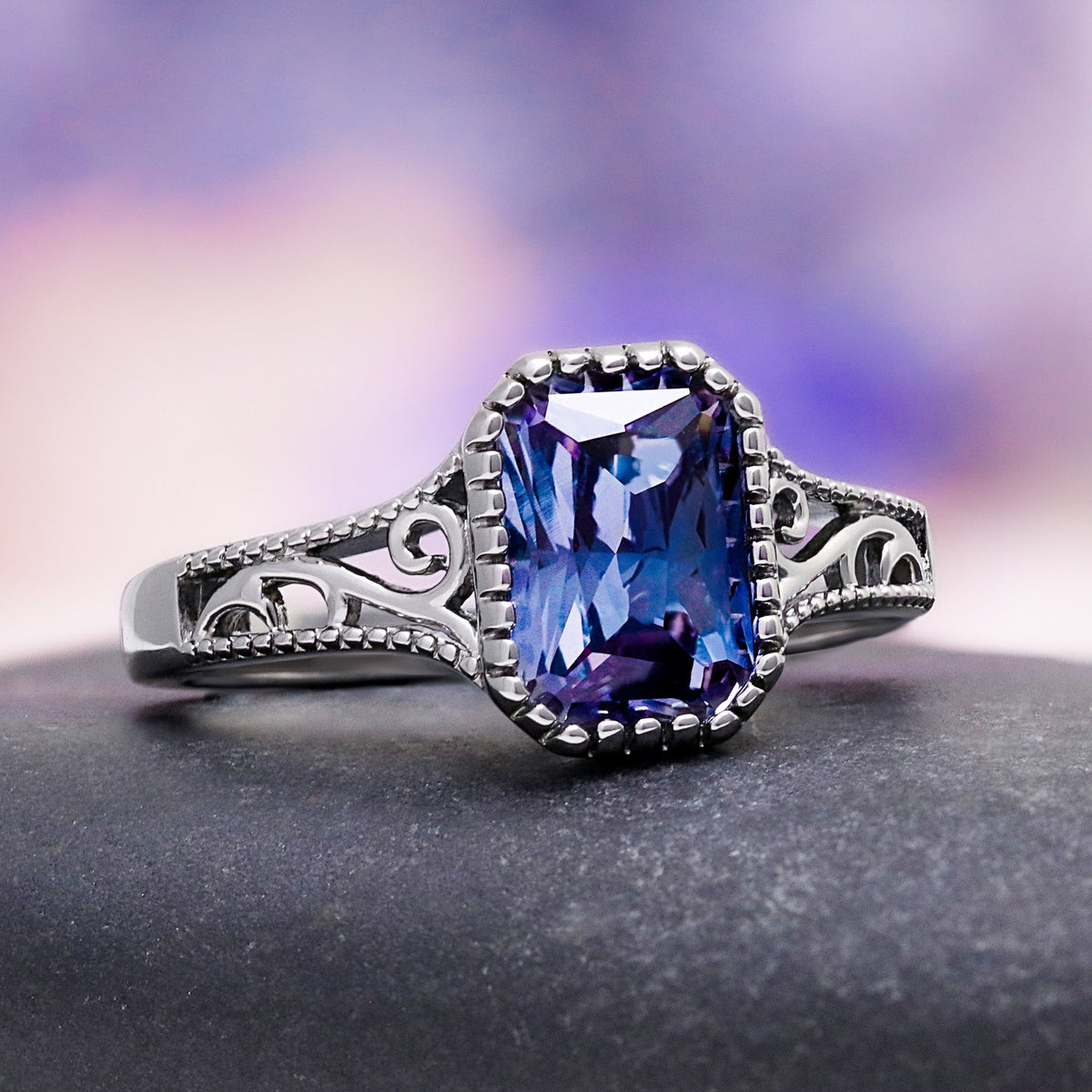 Alexandrite, Meteorite & Black Mother of Pearl Couple Ring