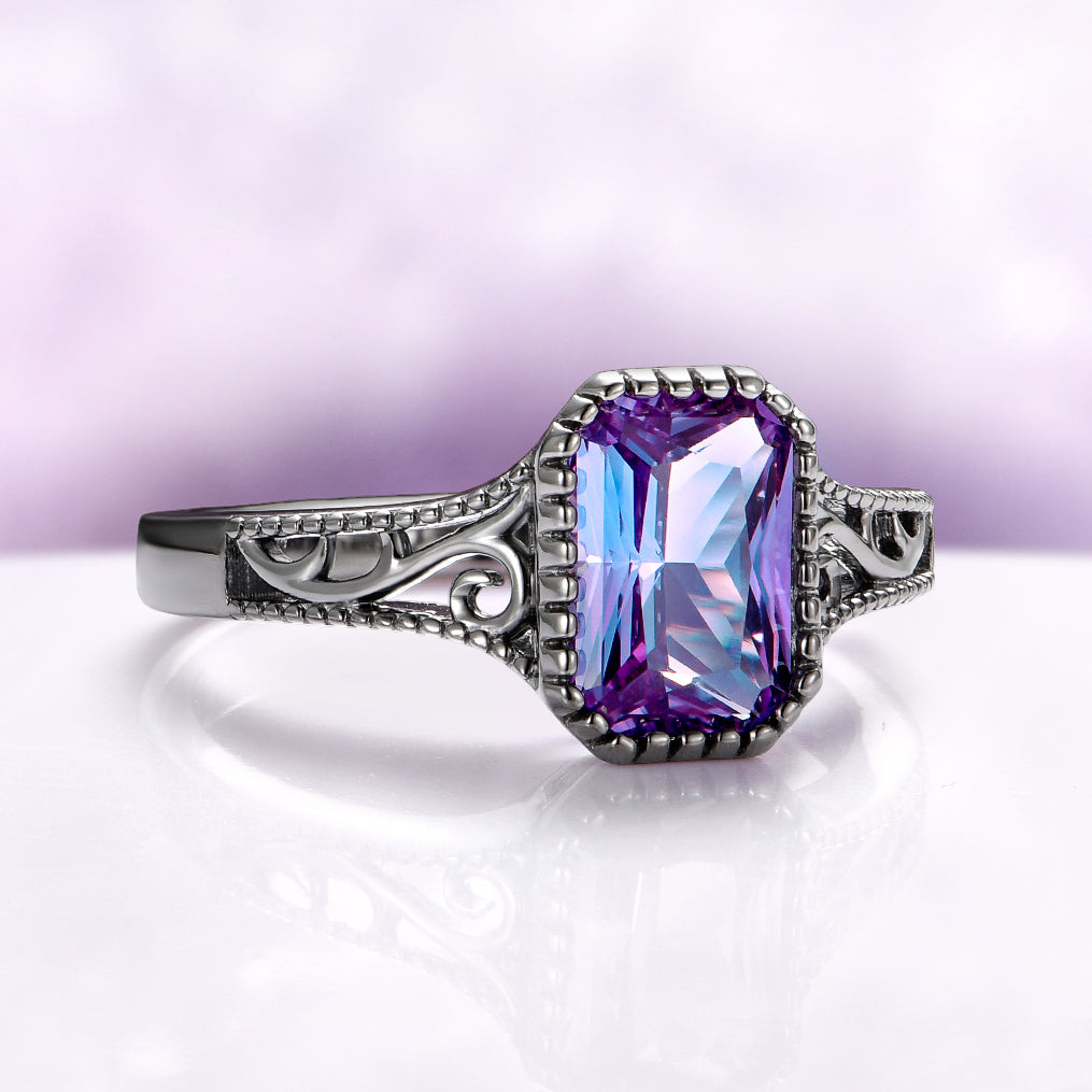 Radiant Cut Alexandrite Engagement Ring in Black Ruthenium