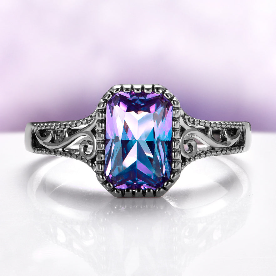 Radiant Cut Alexandrite Engagement Ring in Black Ruthenium