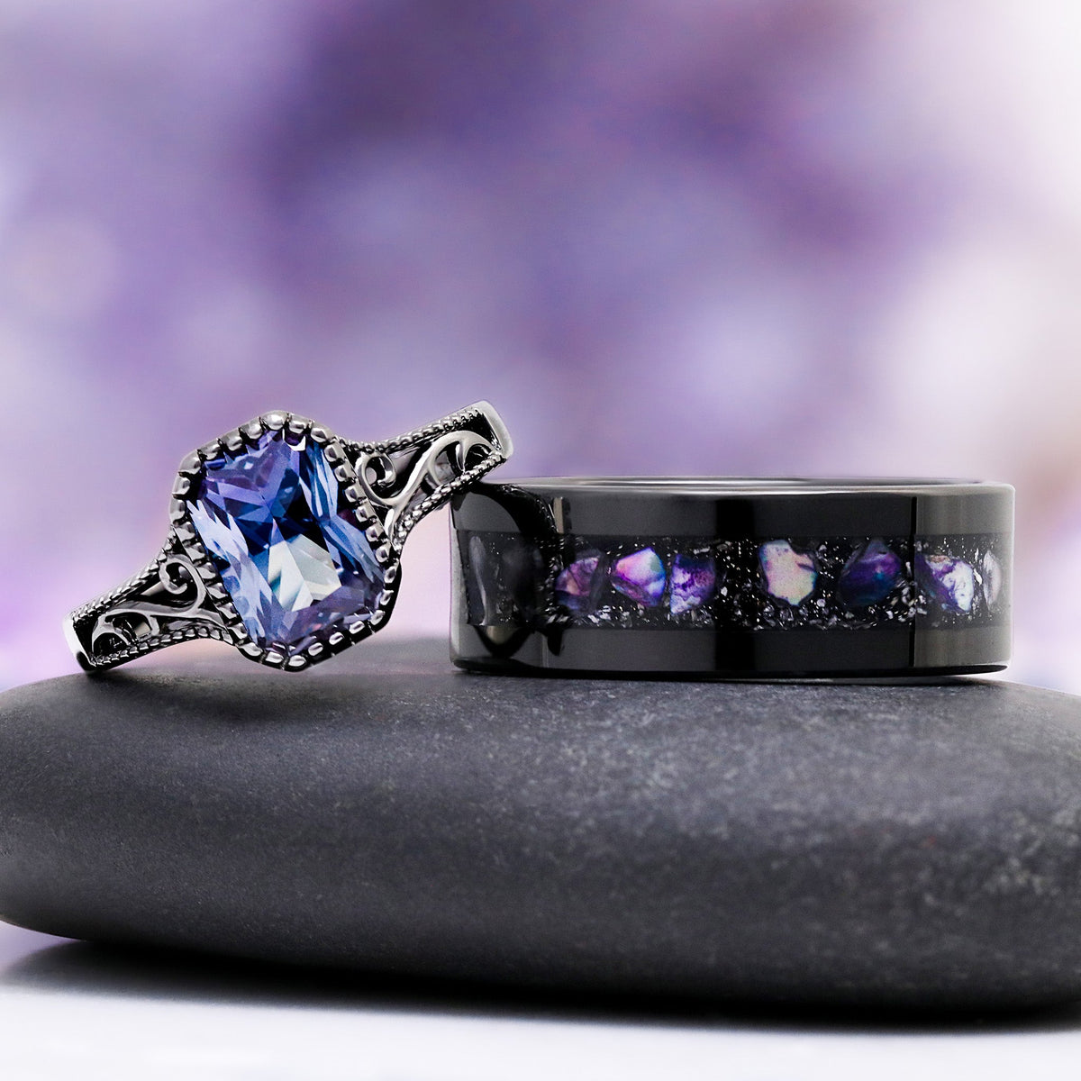 Radiant Cut Alexandrite Engagement Ring in Black Ruthenium