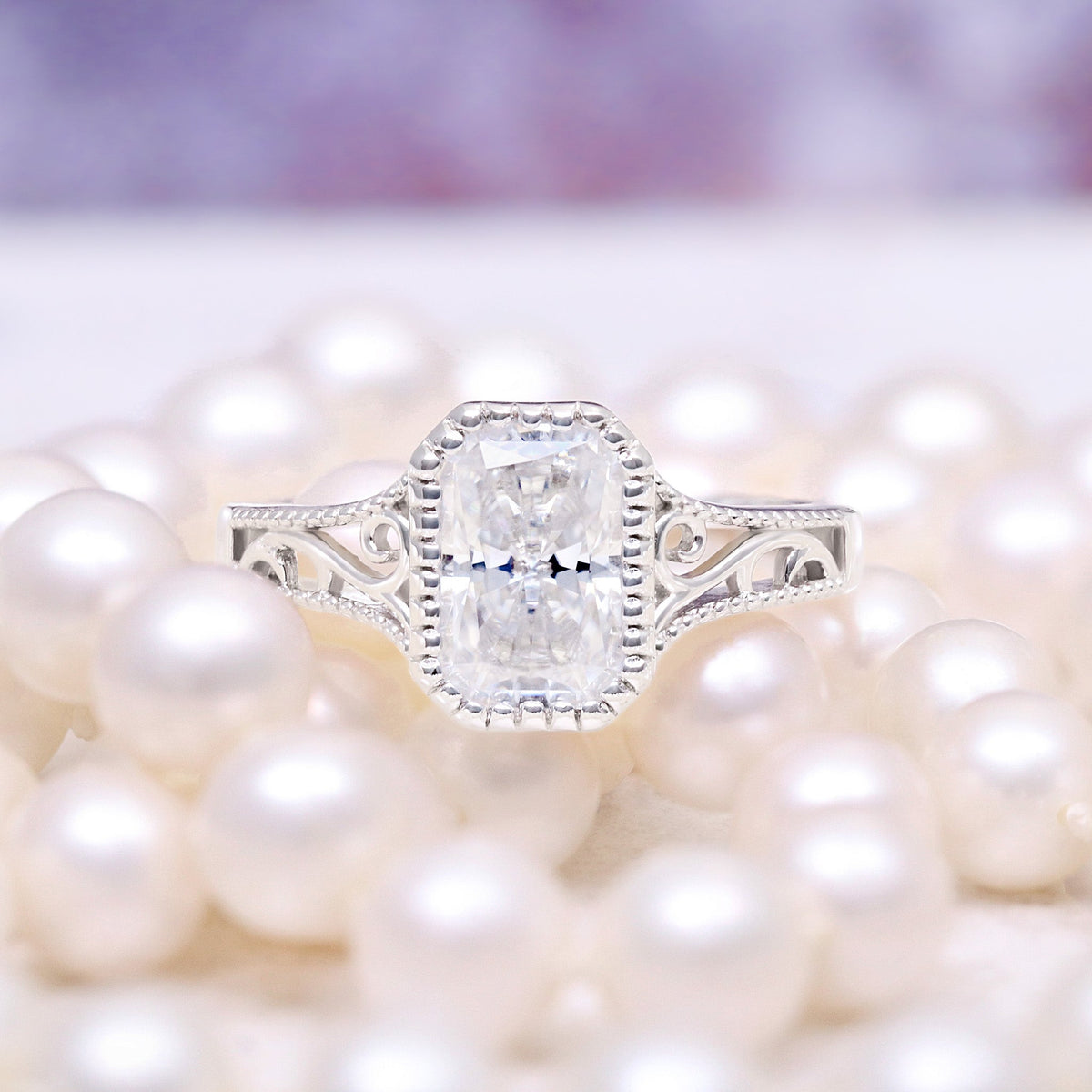 Radiant Cut Moissanite Vintage Engagement Ring in 14K White Gold