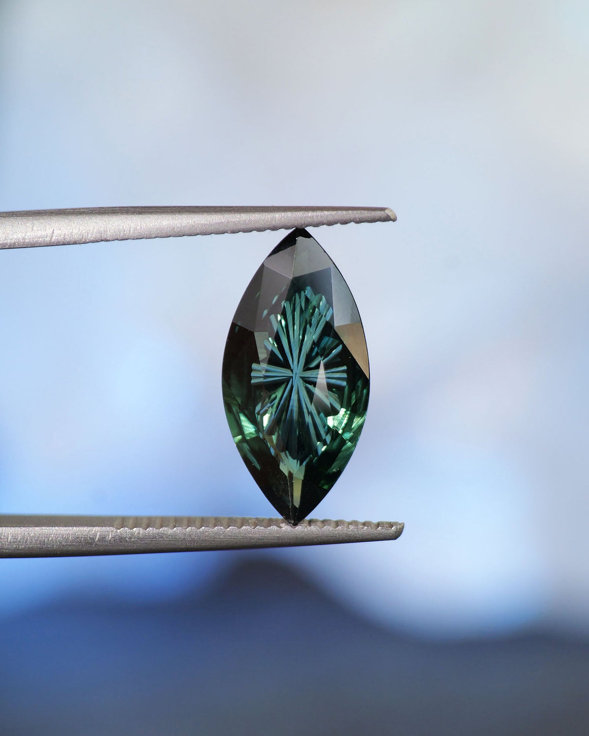Sapphire fantasy-cut| natural, teal color, blue color, marquise shape, big size, 14x7mm, 2.43ct