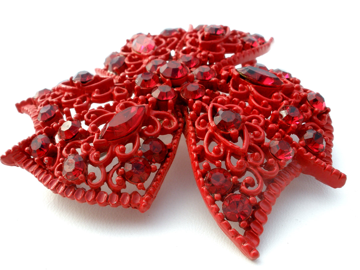 Red Enameled Rhinestone Brooch Vintage