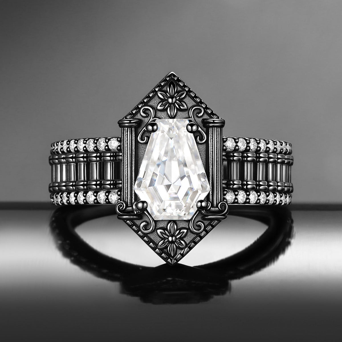 Retro Art Deco Coffin Cut Moissanite 'Fallen Aegis' Gothic Black Gold Engagement Ring