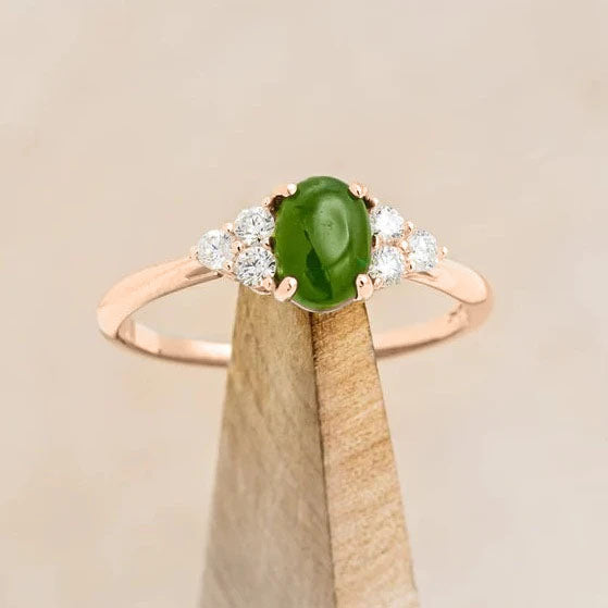 "Rhea" - Cabochon Cut Jade Engagement Ring With Diamond Accents