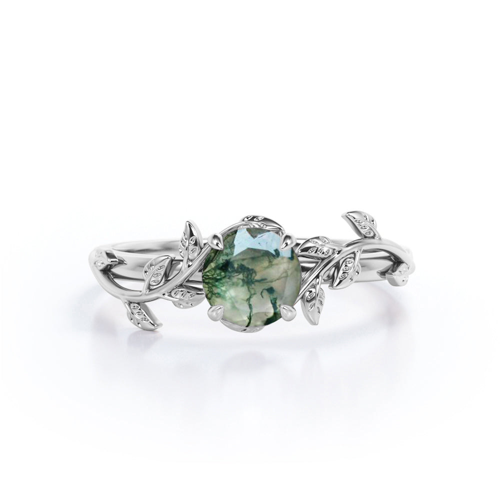 Nature Inspired 1 Ct Round Green Moss Agate Engagement Ring