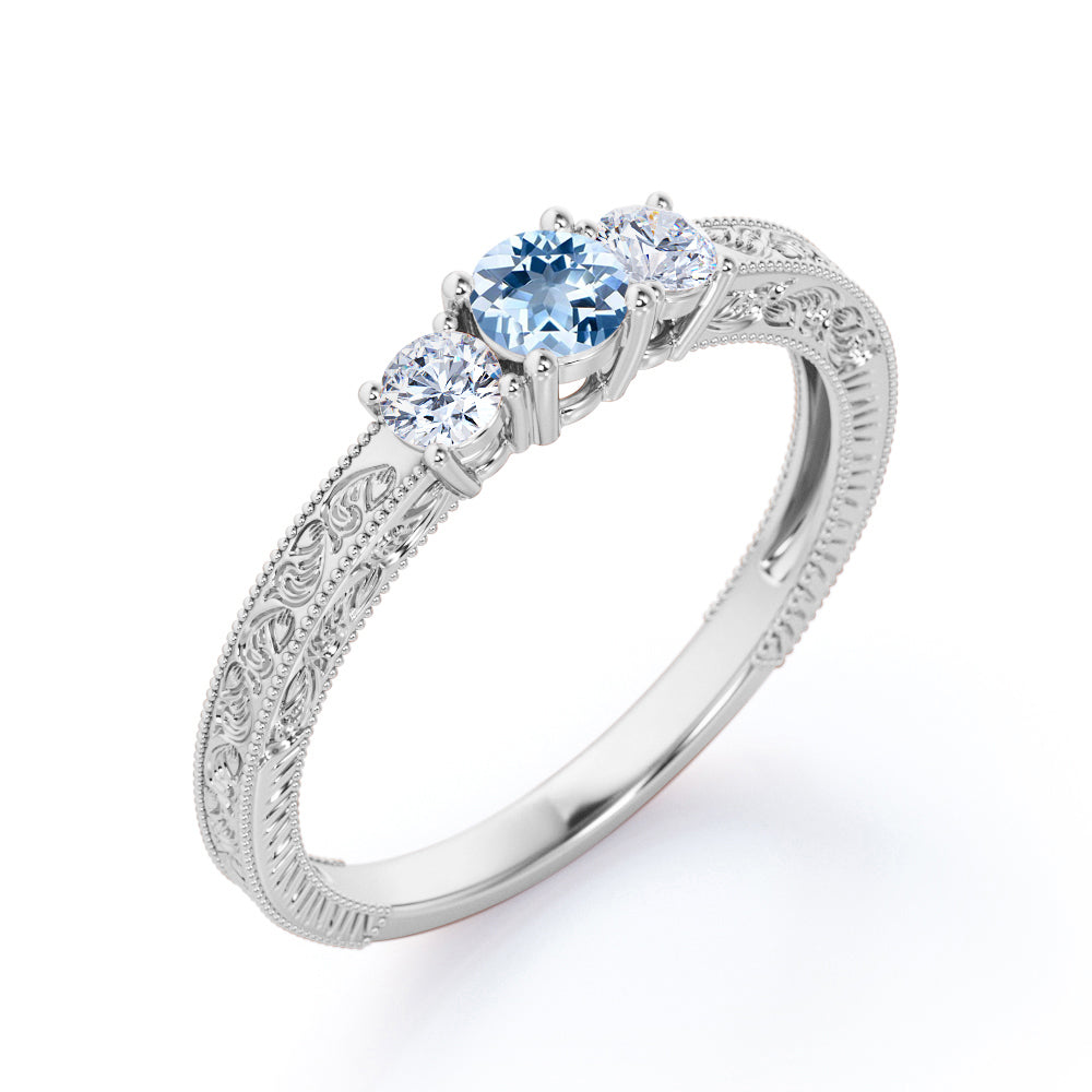1 Carat Round Cut Aquamarine Three Stone Engagement Ring
