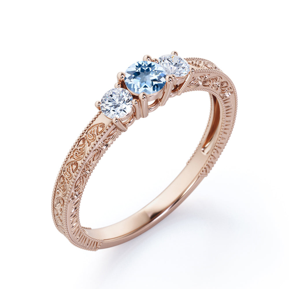 1 Carat Round Cut Aquamarine Three Stone Engagement Ring