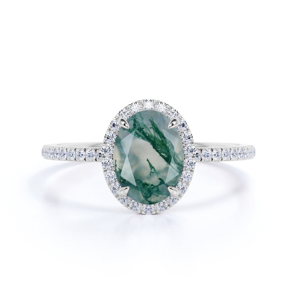 Halo 1.50 Carat Oval Green Moss Agate Ring