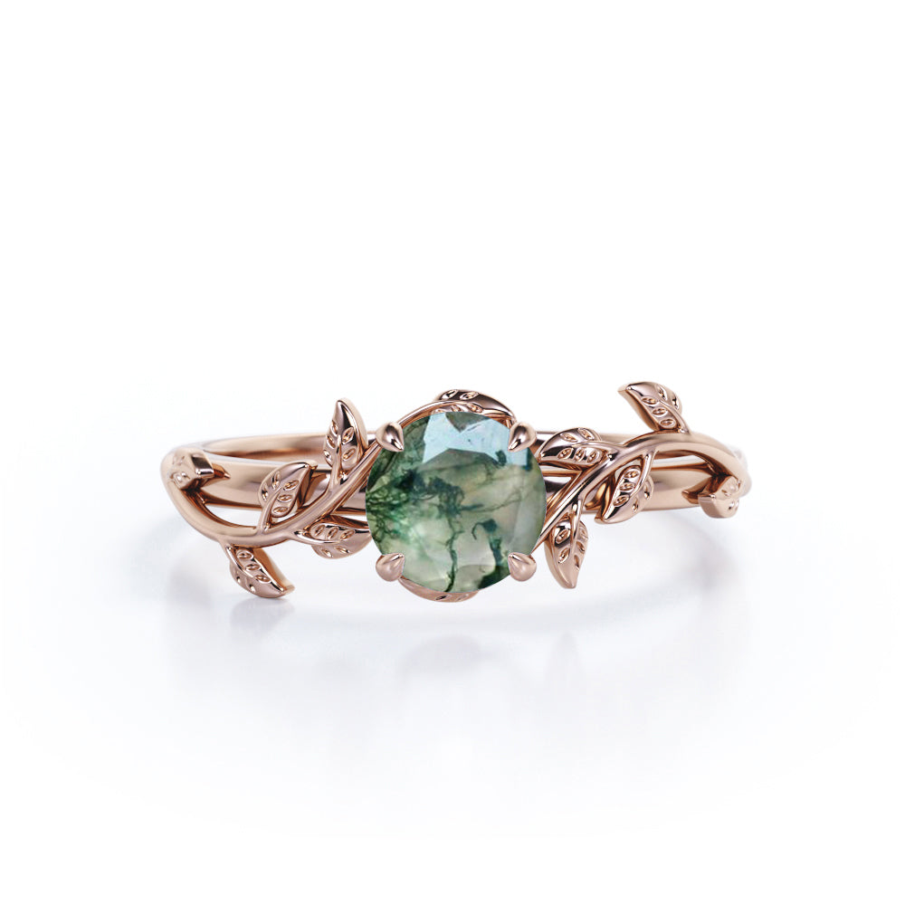Nature Inspired 1 Ct Round Green Moss Agate Engagement Ring
