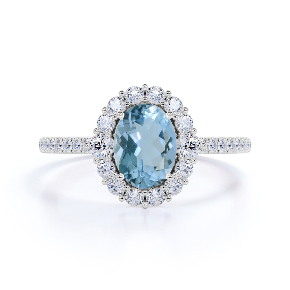 Halo 1.50 ct Oval Aquamarine Pave Engagement Ring