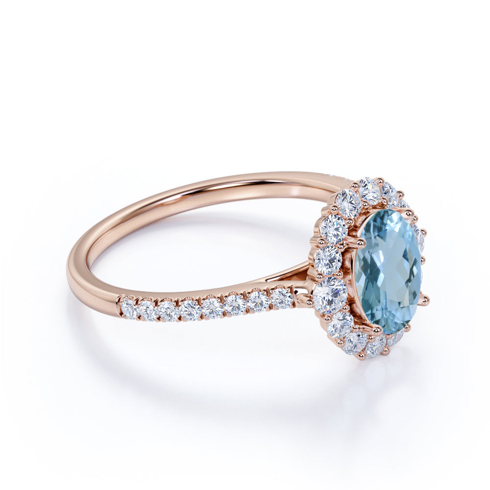 Halo 1.50 ct Oval Aquamarine Pave Engagement Ring