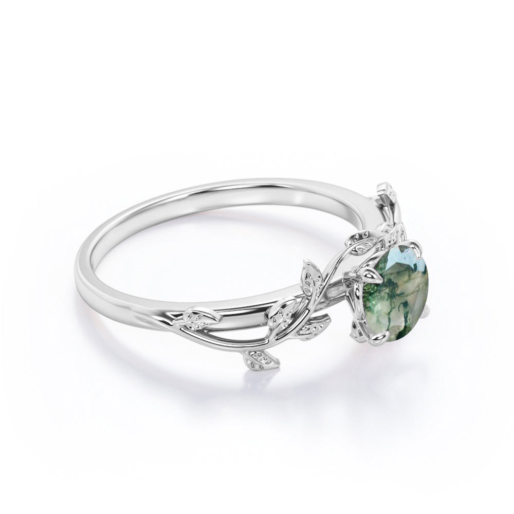 Nature Inspired 1 Ct Round Green Moss Agate Engagement Ring