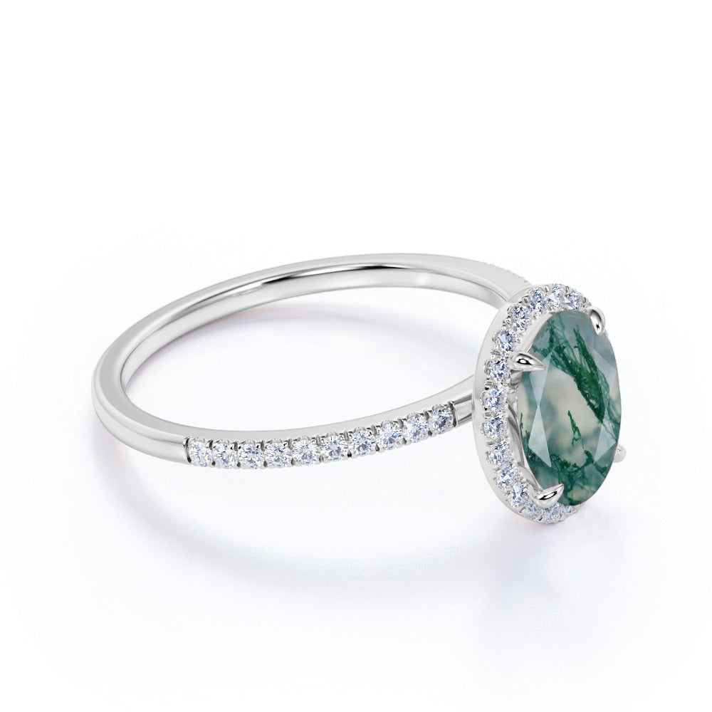 Halo 1.50 Carat Oval Green Moss Agate Ring