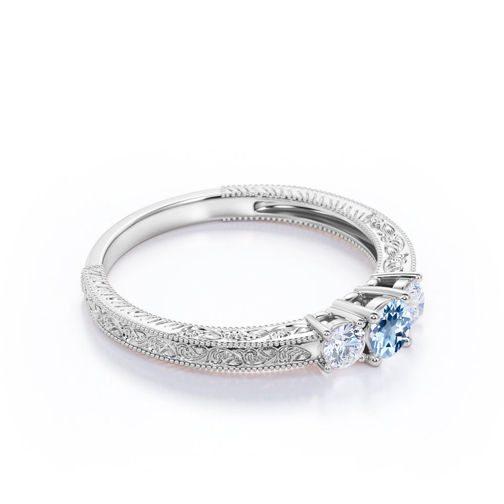 1 Carat Round Cut Aquamarine Three Stone Engagement Ring