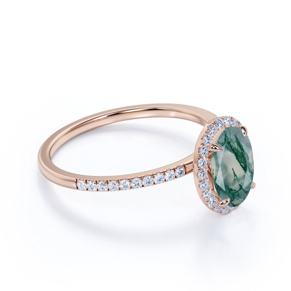 Halo 1.50 Carat Oval Green Moss Agate Ring