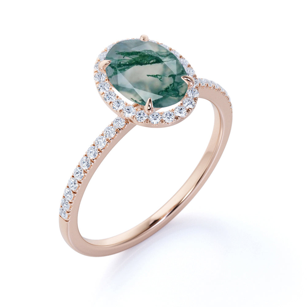 Halo 1.50 Carat Oval Green Moss Agate Ring