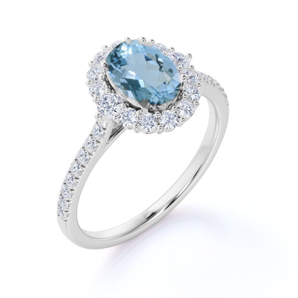 Halo 1.50 ct Oval Aquamarine Pave Engagement Ring