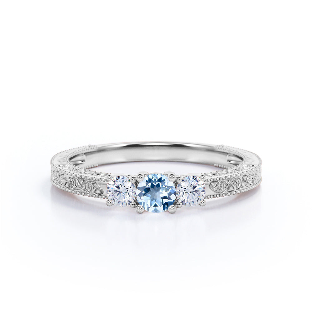 1 Carat Round Cut Aquamarine Three Stone Engagement Ring